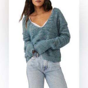 Free People Soft Teal V-Neck Sweater NWT